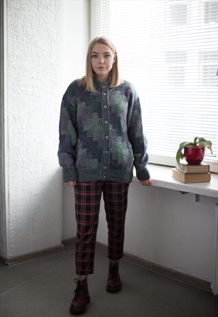 VINTAGE 80'S GREEN/PURPLE WOOL CARDIGAN