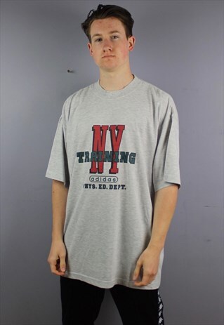 VINTAGE ADIDAS TRAINING T-SHIRT IN GREY WITH PRINTING AND EM