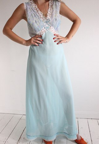 VINTAGE 60S BABY BLUE FLORAL LACE SLIP DRESS