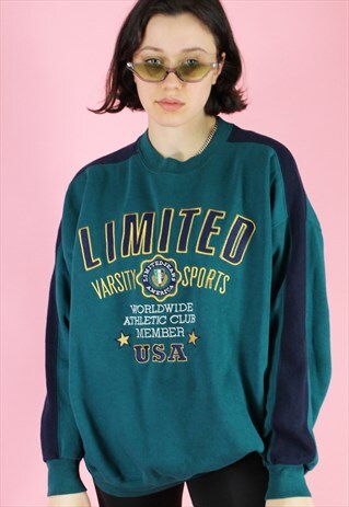 VINTAGE 90S SWEATSHIRT JUMPER GREEN LIMITED SPORTS USA PRINT