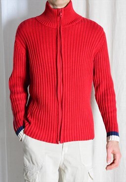 Y2K Red Ribbed Knit Striped Zipper Cardigan Jacket