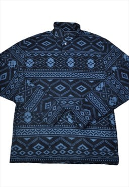 Vintage Fleece 1/4 Button Retro Aztec Pattern Blue Medium