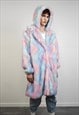 TIE-DYE COAT FAUX FUR PASTEL PINK SHAGGY TRENCH OVERCOAT 