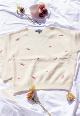 Rose Flower Embroidered V Neck Sweater