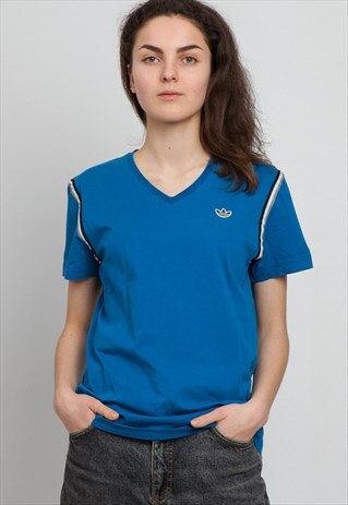 90S VINTAGE BLUE ADIDAS LOGO V-NECK T-SHIRT