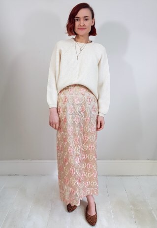 VINTAGE 60'S PINK AND CREAM GOLD THREAD MAXI PENCIL SKIRT