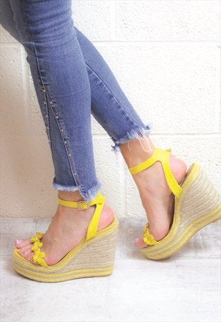 YELLOW FLORAL STRAP ESPADRILLE WEDGE SANDAL