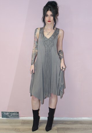 90S VINTAGE STYLE GREY STRING ASYMMETRIC BOHO DRESS GRUNGE