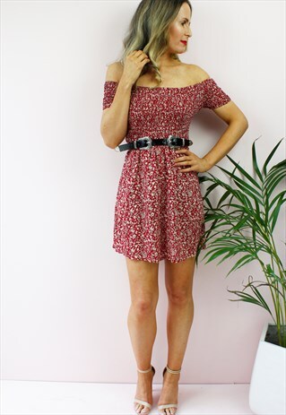 RED FLORAL BARDOT SHORT SLEEVE BOHO MINI DRESS