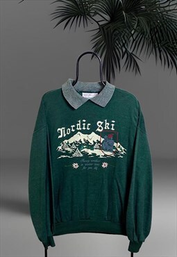 Vintage Nordic Ski Collared Graphic Green Sweater