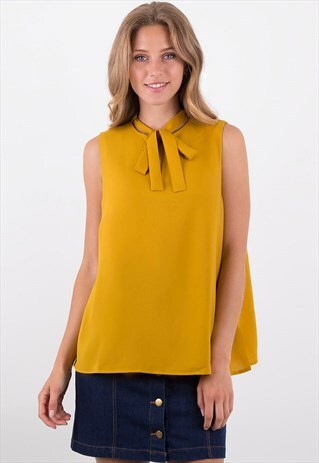 MUSTARD FRONT TIE SLEEVELESS TOP WITH RELAXED FIT