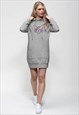 LONG GREY HOODIE DRESS WITH WINKING CAT DESIGN