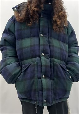 Puffer Coat Navy Green Check Down Filled