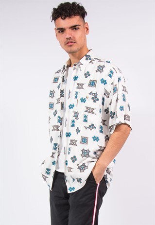 90S VINTAGE WHITE AZTEC PRINT SHIRT SHORT SLEEVE