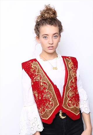VINTAGE 70S RED VELVET GOLD BEADED EMBROIDERED WAISTCOAT