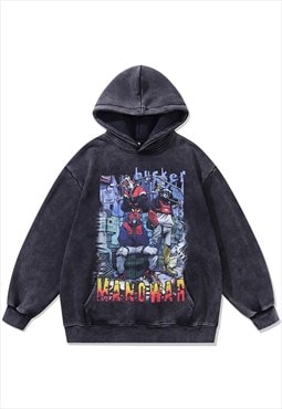 Anime hoodie vintage wash pullover Manowar jumper in grey