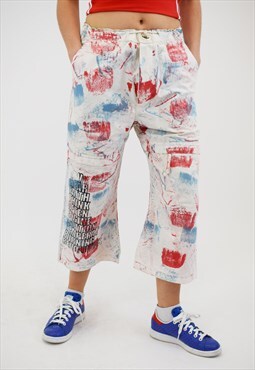 Vintage 2000's Trousers in White with Multi Colour Paint