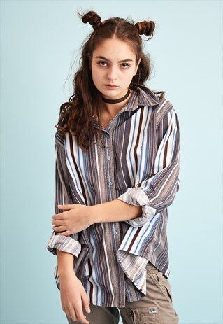 Y2K STRIPED PRINT CORDUROY MOMS SHIRT TOP