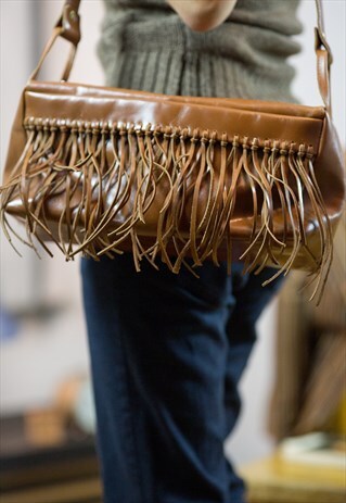 FRINGED COGNAC LEATHER TOTE BAG