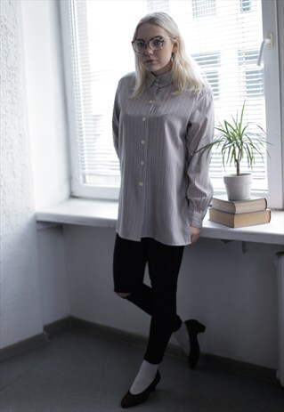 VINTAGE 80'S GREY/WHITE STRIPED LONG SLEEVE SHIRT