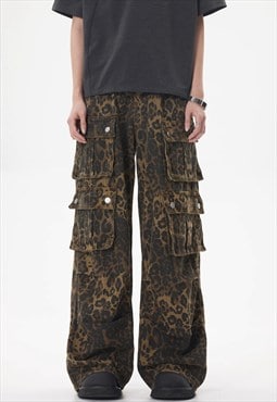 Cargo pocket leopard jeans animal print denim spot pants