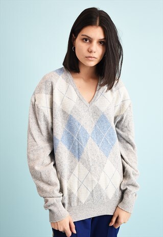 70'S RETRO ARGYLE PATTERN NEUTRAL OVERSIZED KNIT JUMPER
