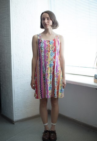 VINTAGE 90'S COLORFUL FLOWER PATTERNED MIDI DRESS