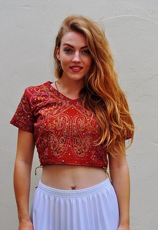 VINTAGE RED EMBELLISHED HIPPY BOHO FESTIVAL BEADED CROP T