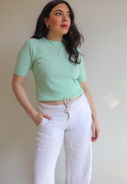  Vintage 90s Ribbed Knit Top in Mint Green - XS