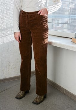 Vintage Brown Velvet Embroidered Straight Trousers