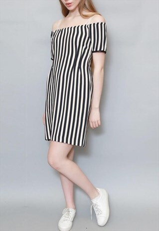 VINTAGE 1990'S NAVY AND WHITE STRIPED BARDOT MINI DRESS