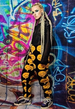 Emoji fleece joggers detachable fluffy festival pants black