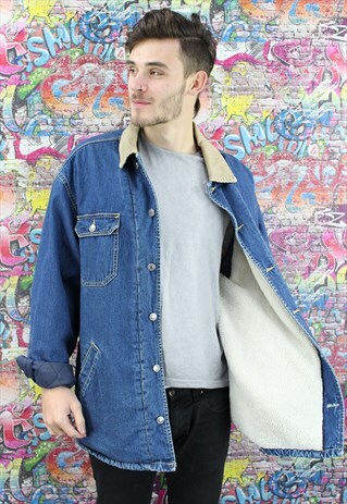 VINTAGE 80S DARK BLUE SHERPA LINED DENIM JACKET.