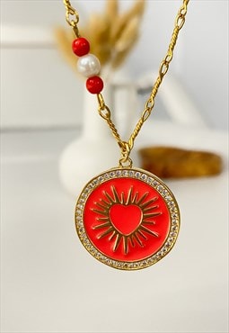 Neon Coral Heart Medallion Necklace