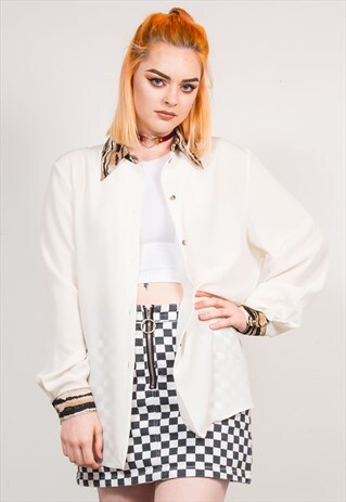 90'S VINTAGE CREAM ANIMAL PRINT DETAIL SHIRT BLOUSE