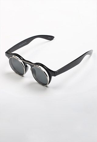 STEAMPUNK FLIP UP CIRCULAR GLASSES - BLACK/SILVER