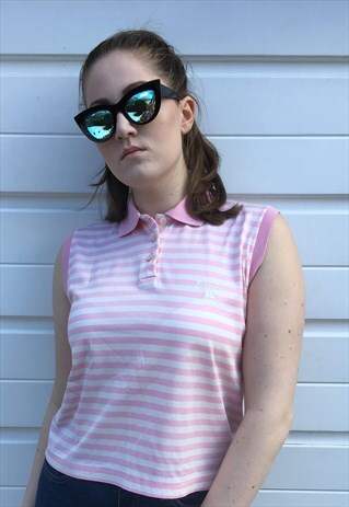 WOMENS VINTAGE 80S BURBERRYS TOP PINK STRIPY POLO SHIRT