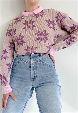 Vintage 90s Nordic Snowflake Purple Knit Jumper With Collar 