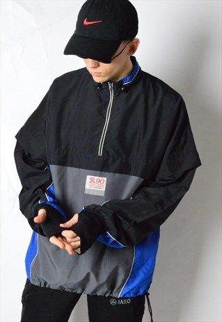 VINTAGE BLACK GREY COLOUR BLOCK LIGHTWEIGHT RUNNING JACKET