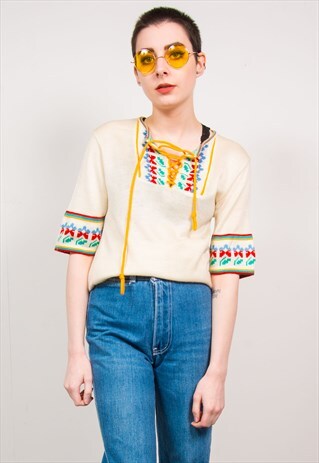 VINTAGE 70'S CREAM AZTEC COLOURFUL PATTERN KNIT TOP