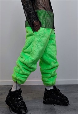 Neon faux fur joggers rave pants fluffy skiing trouser green