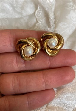 Gold Pearl Knot Vintage Stud Statement Earrings