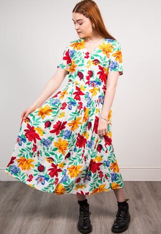 VINTAGE 90'S BRIGHT MULTICOLOUR FLORAL PATTERN MIDI DRESS