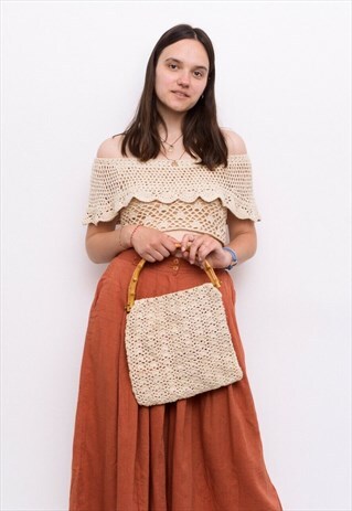 Vintage Macrame Crochet Jute Market Bag Net Bamboo Handles