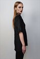 SHOULDER PADDED POLO SHIRT SHORT SLEEVE TEXTURED BLOUSE CHEC