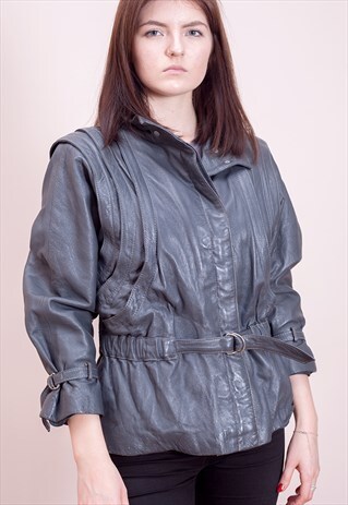 FANTASTIC 80S VINTAGE GREY LEATHER WOMEN'S BOMBER JACKET