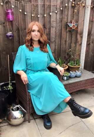 BLUE 80S FLOATY PRAIRIE DRESS WITH BALLOON SLEEVE
