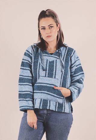 VINTAGE BLUE STRIPE BAJA KNITTED HOODIE HIPPY /A10-038