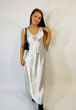 Vintage 00s Y2K White Satin Lace Summer Slip Dress