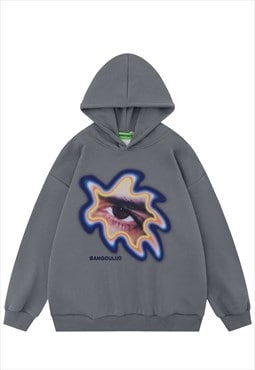 Eye print hoodie psychedelic pullover skater top in grey